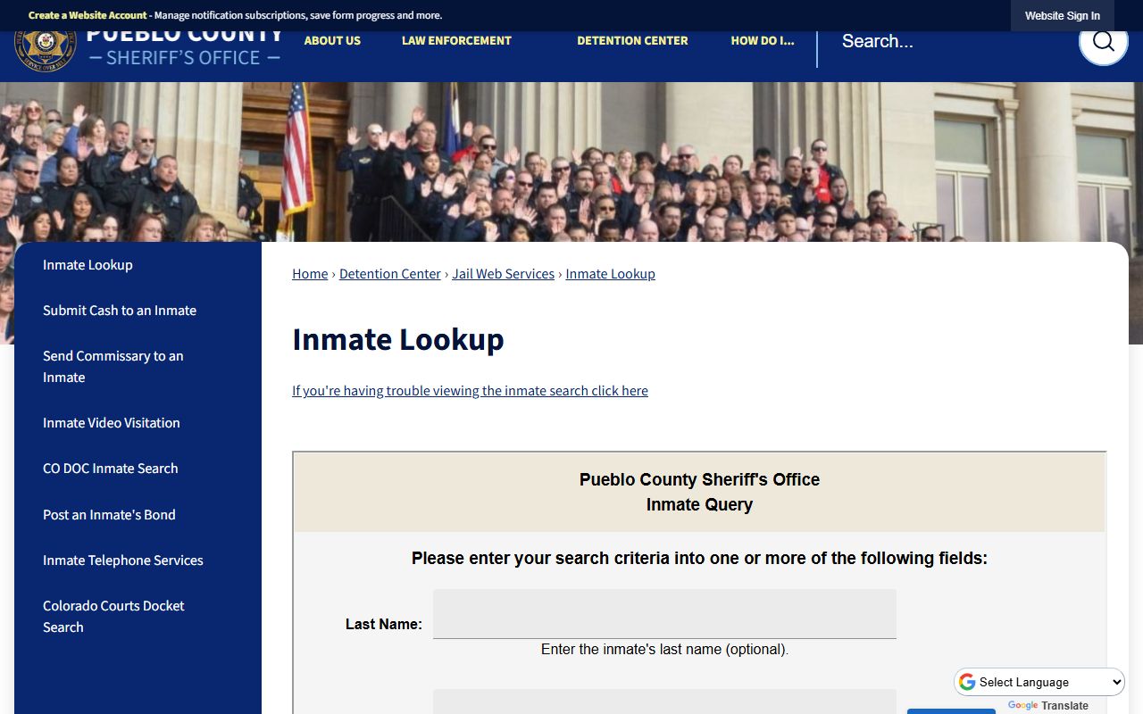 Pueblo County inmate population sheriff inmate lookup page