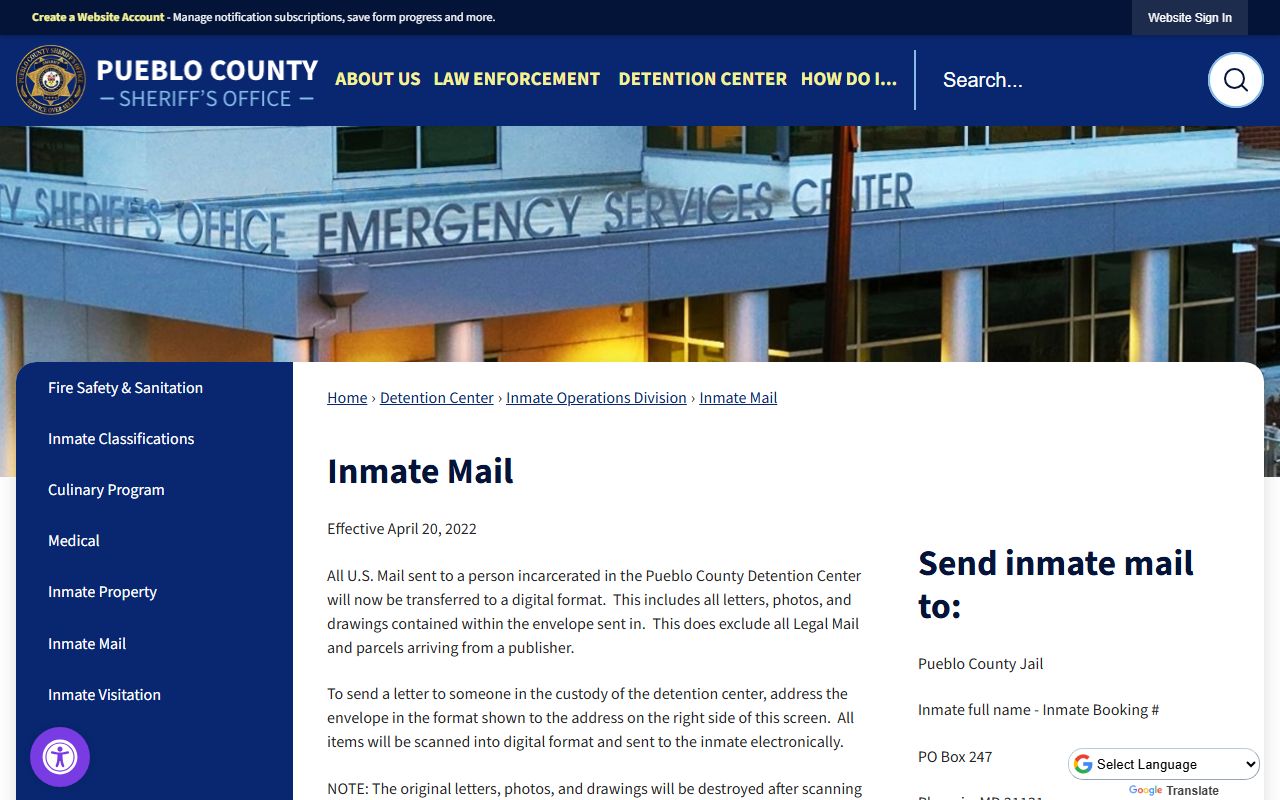 Pueblo County inmate mail page showing scanned mail instructions
