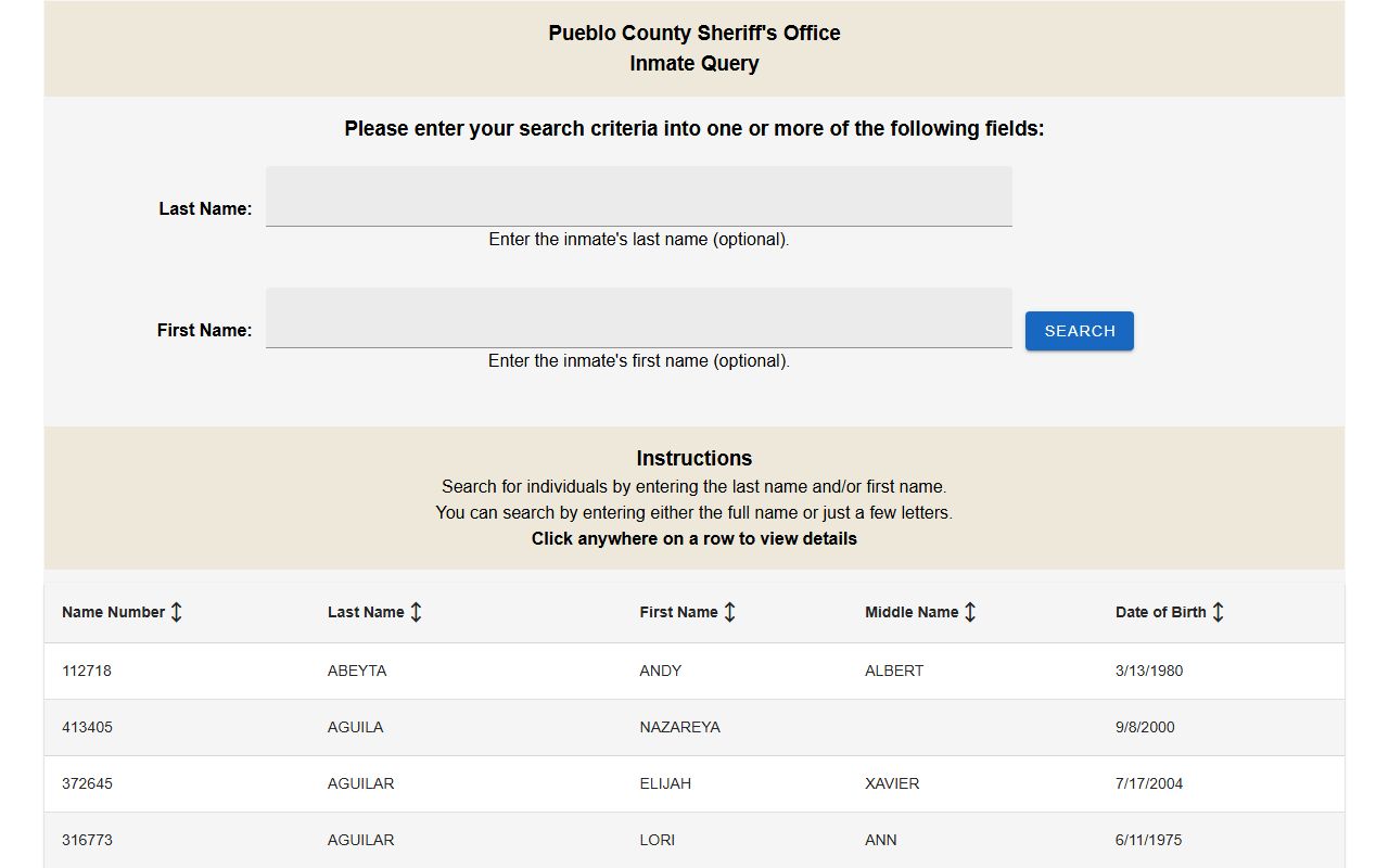 Pueblo County public inmate query app search fields