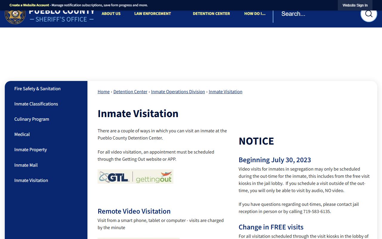 Pueblo County inmate visitation page with GettingOut details