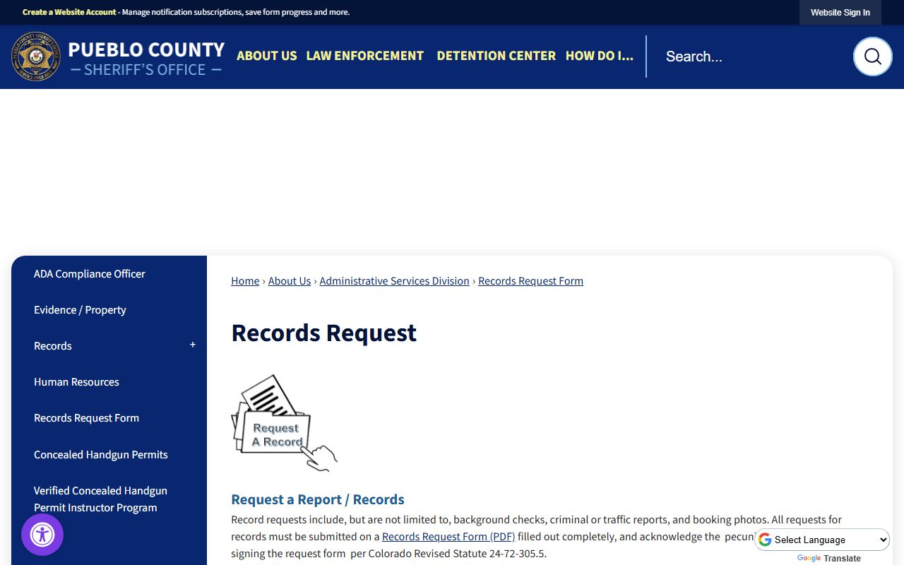 Pueblo County booking photo records request page