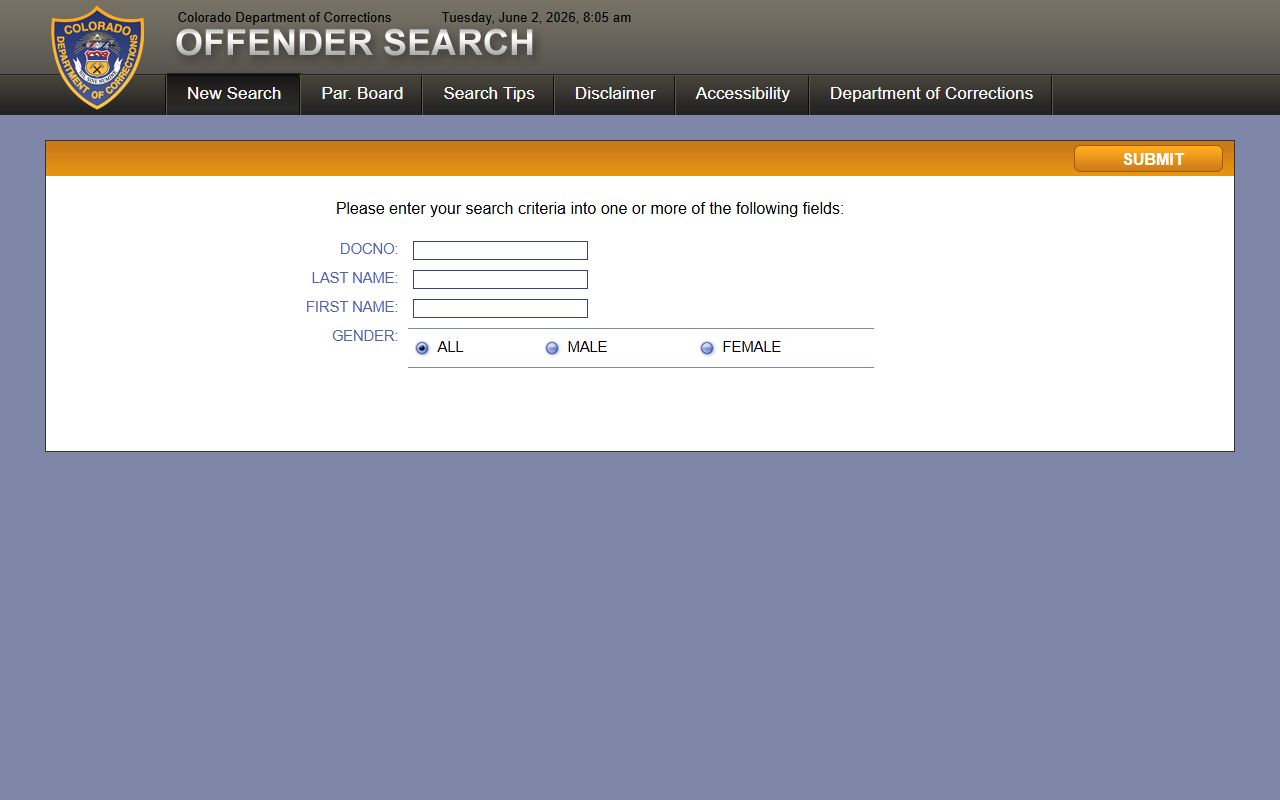 CDOC offender search form for state custody lookup