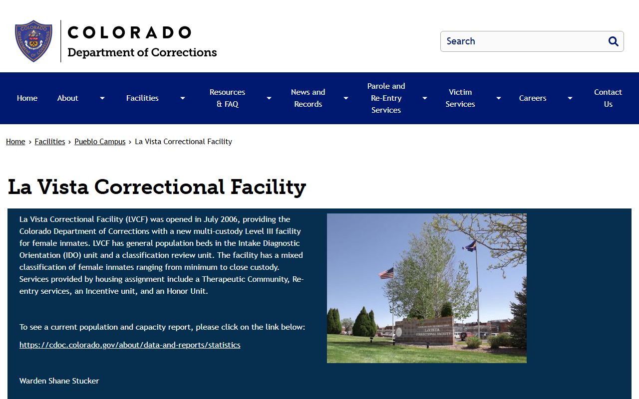 CDOC La Vista Correctional Facility page with visiting and contact information