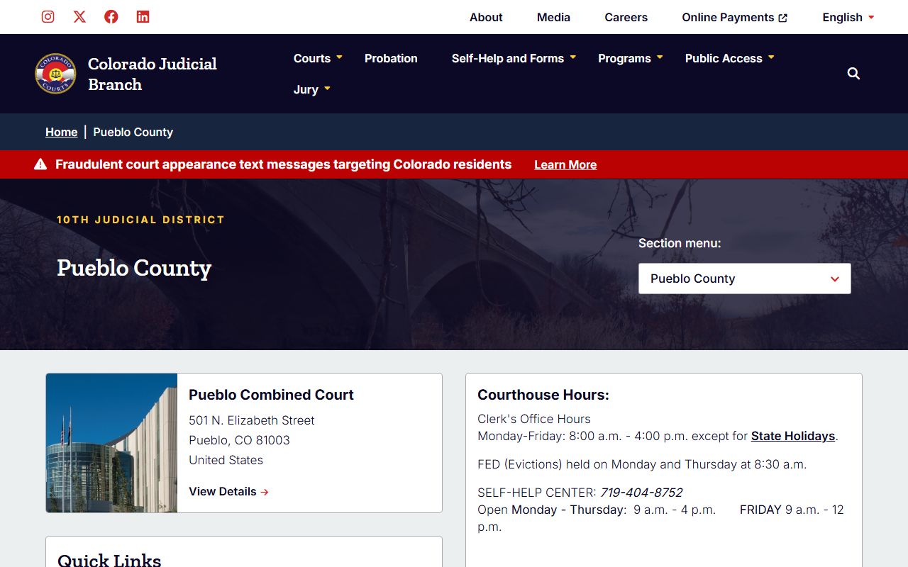 Pueblo County Combined Court records page for court records after arrest