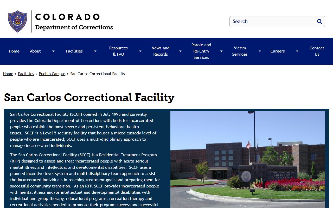CDOC San Carlos Correctional Facility page with visiting rules