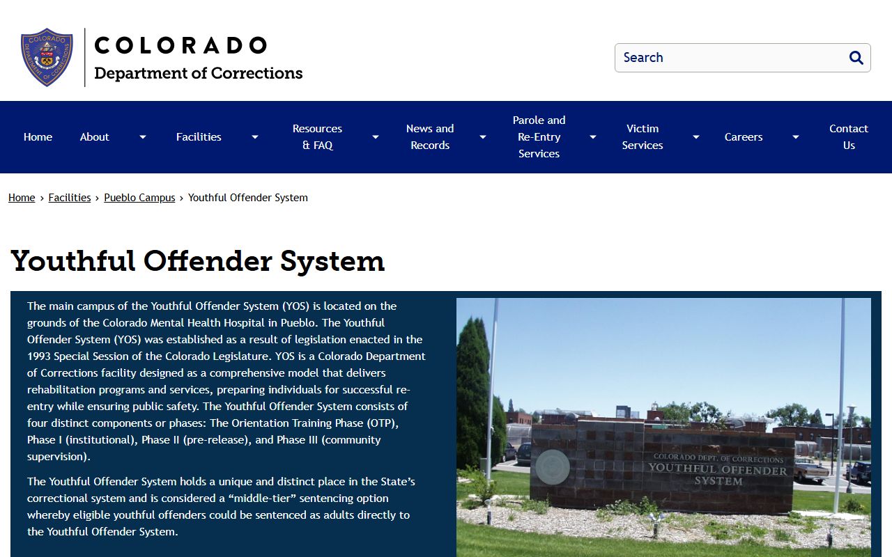 CDOC Youthful Offender System page with phases and visiting schedule